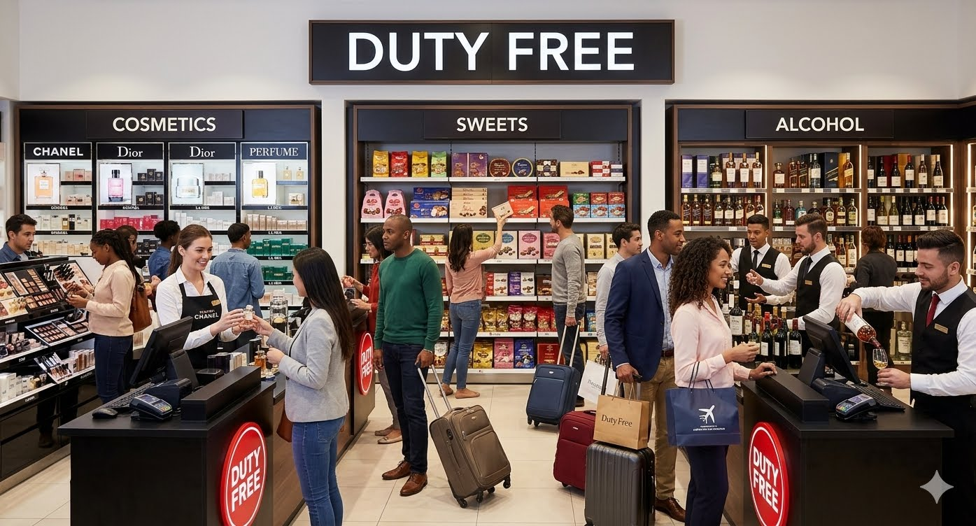Duty-free retail with cosmetics, confectionery and spirits