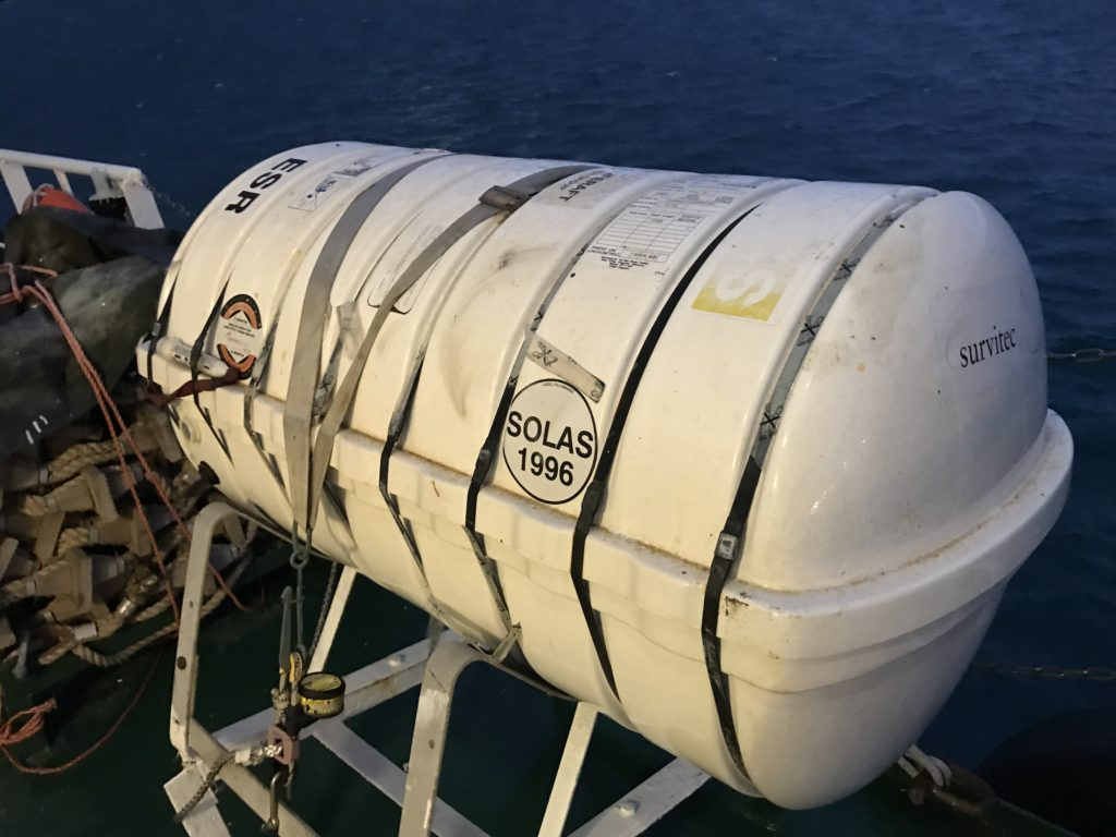 Liferaft container secured on board a vessel